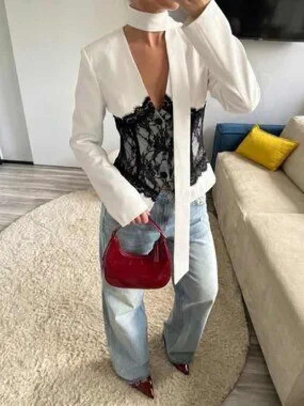 White Elegant Women's Commute Color Block Lace Design Blazer Jacket